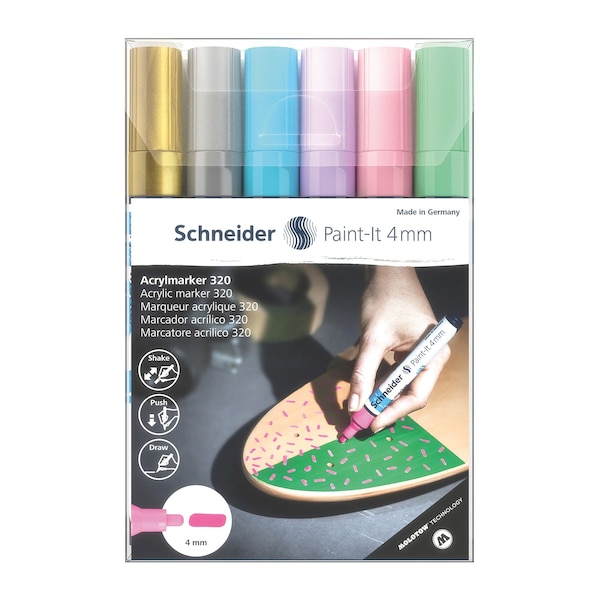 Schneider Pen Paint-It 320 Acrylic Markers, 4 mm Bullet Tip, Wallet, 6 Assorted Pastel Ink Colors 120296 - main